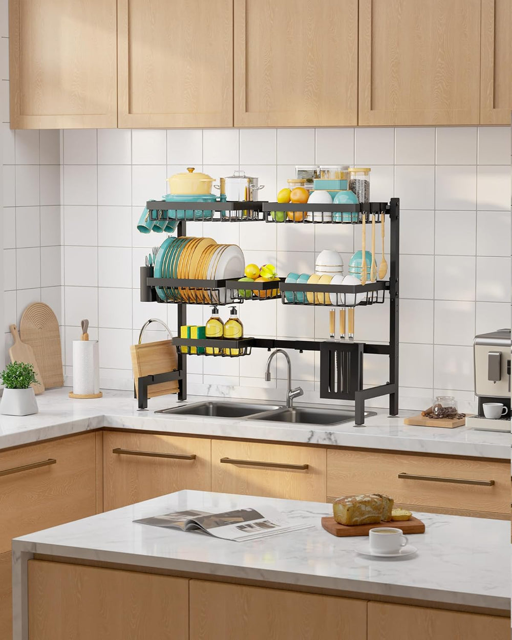Sakugi Over The Sink Dish Drying Rack - Adjustable 3 Tier XX-Large Capacity S...