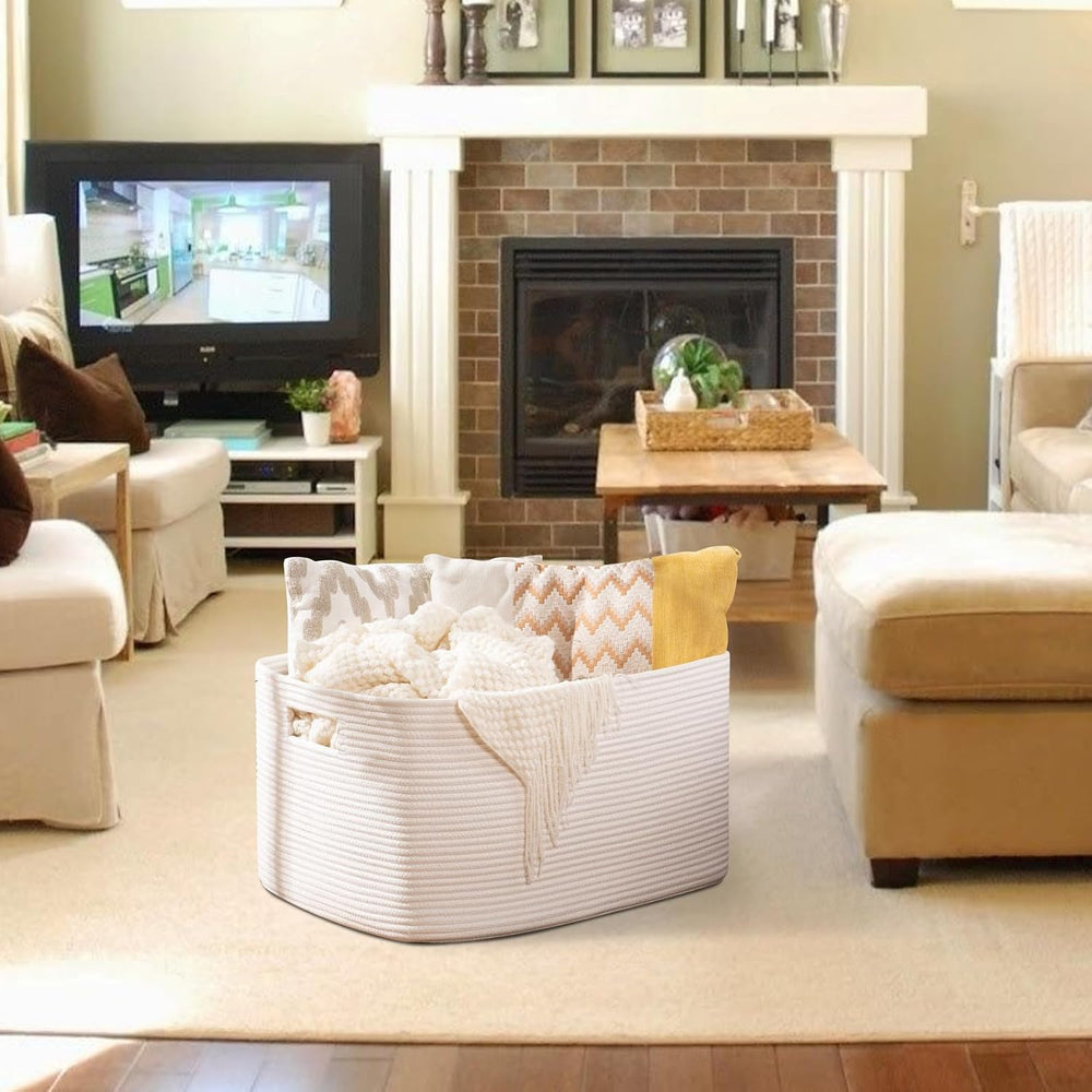 OIAHOMY 96L XXXLarge Blanket Basket Woven Cotton Rope Storage Basket White