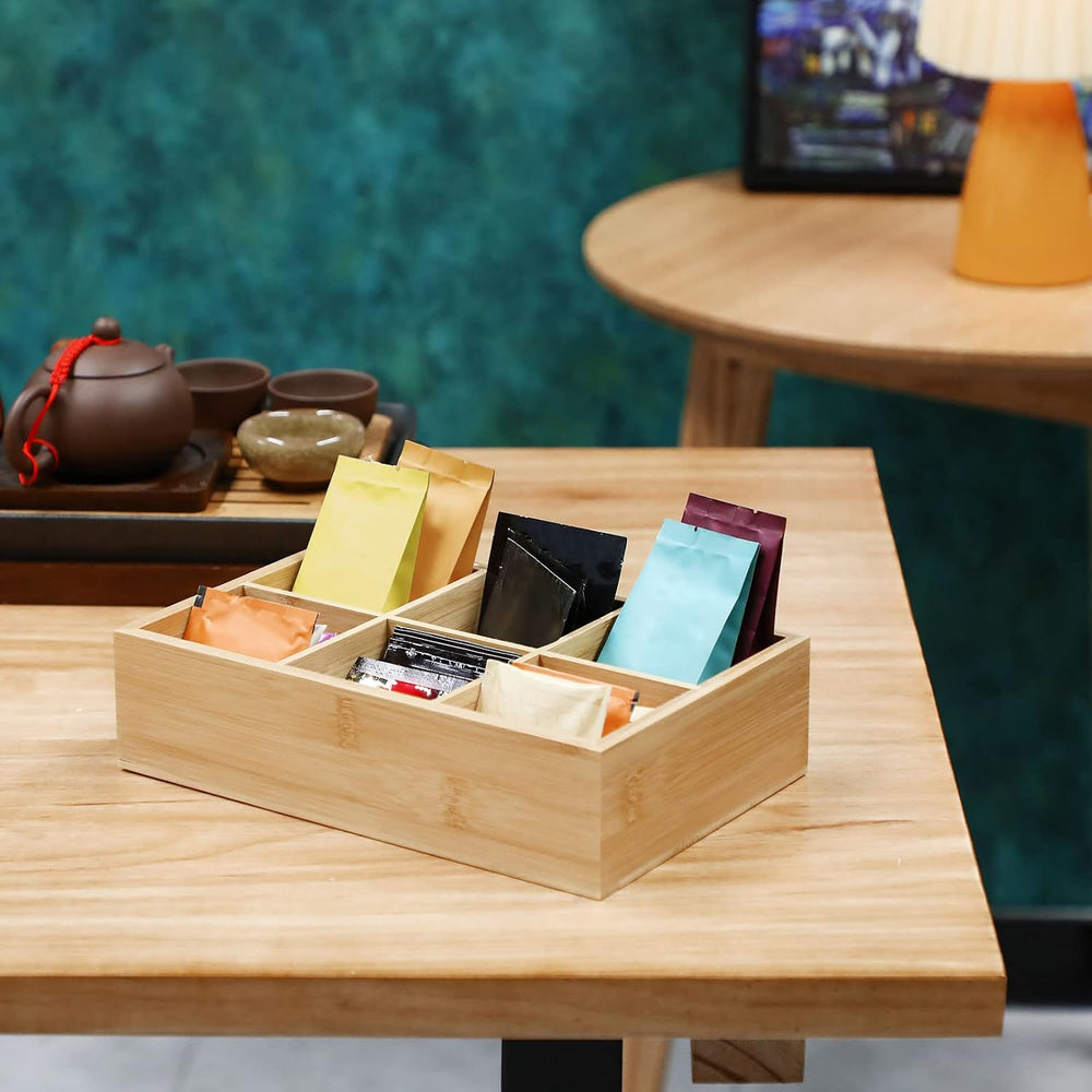 Maitys 4 Pcs Bamboo Tea Organizer, Beige 6 Compartment Storage Box
