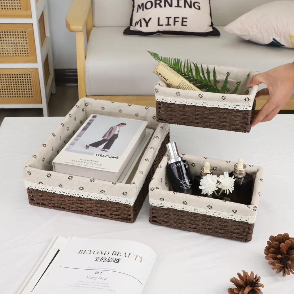 Set of 3 Dark Brown Woven Storage Basket for Drawers & Shelves