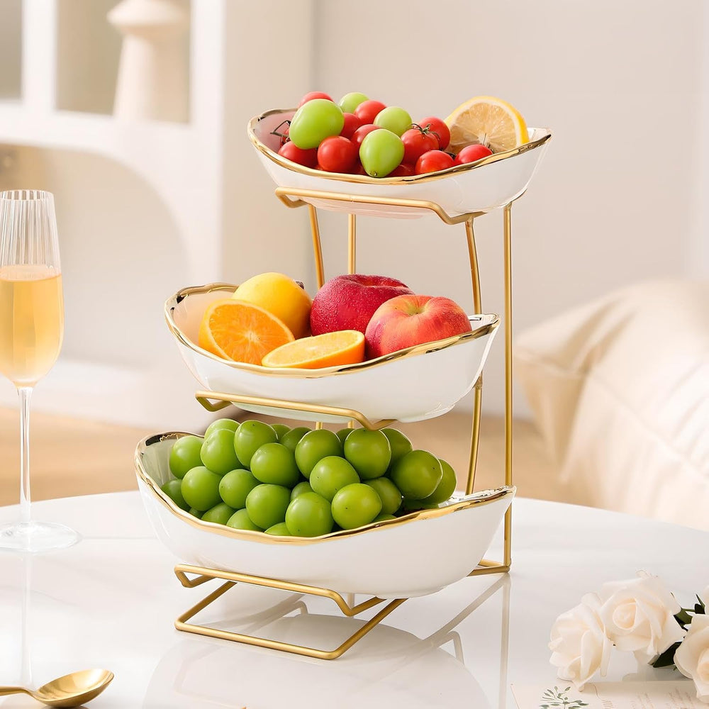 Gold Silver Fruit Bowl with Metal Stand, 3 Tier Ceramic White Fruit Bowl Frui...