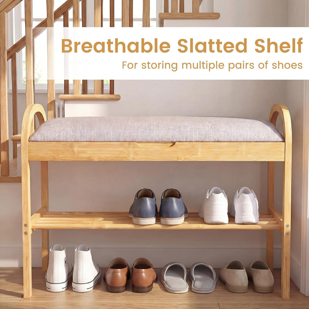 GOFLAME Bamboo Shoe Rack Bench with Storage, 2-Tier Entryway Bench with Flip ...