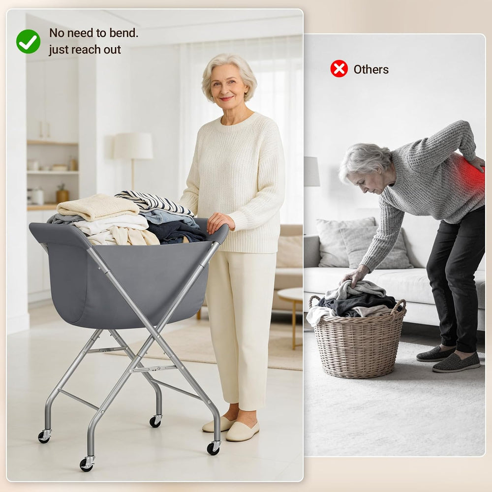 ELYKEN Laundry Basket with Wheels, Collapsible Laundry Hamper, Gray
