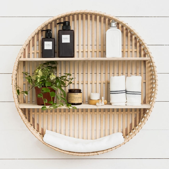 Rattan Wall Shelf 3 Tier Boho Wall Mounted Shelf Farmhouse Handcraft Round Floating Shelf Display Rack Storage Circular Hanging Shelf for Livingroom Home Decor