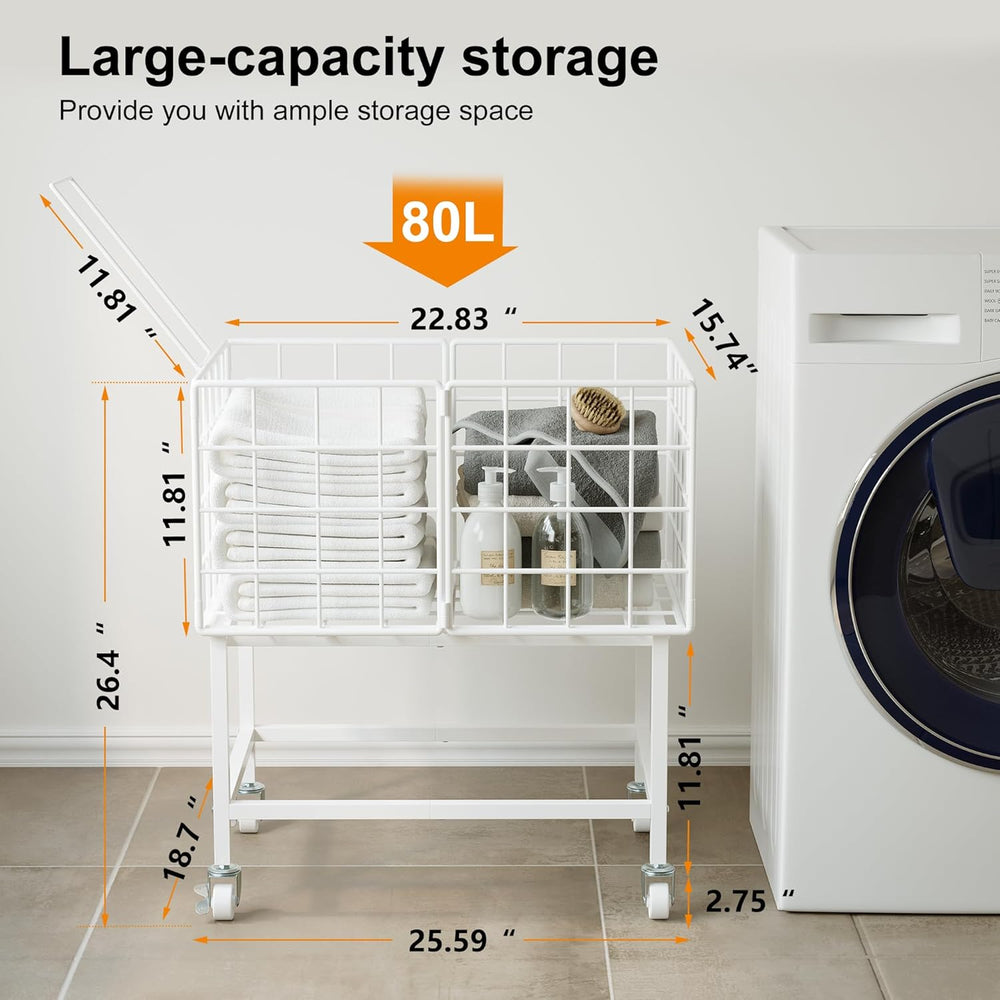 WOWLIVE Rolling Laundry Hamper, Metal Wire Frame Laundry Cart with Wheels