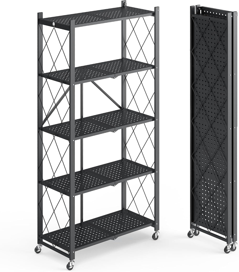 Fenbeli 5 Tier Storage Shelf with Wheels - Metal Collapsible Shelving Unit Di...