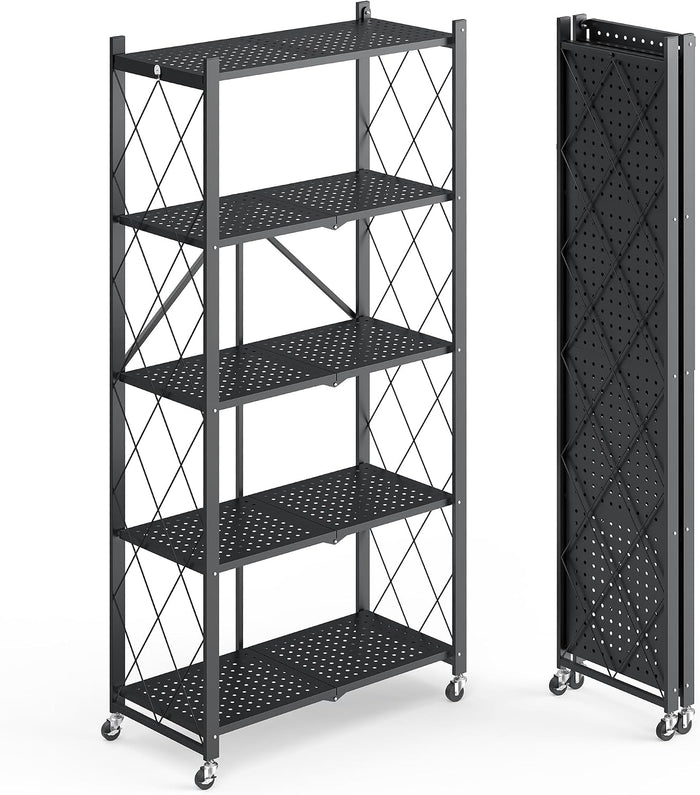 Fenbeli 5 Tier Storage Shelf with Wheels - Metal Collapsible Shelving Unit Display, Heavy Duty Folding Shelves, No Assembly Organizer Rack for Garage Kitchen, Basement, Pantry (Black, 5 Tier)