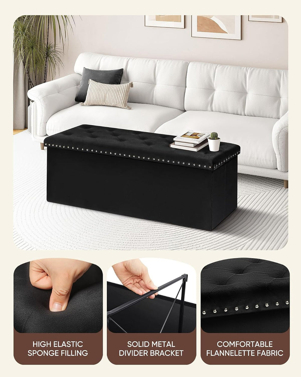 B FSOBEIIALEO Storage Ottoman Bench, 43" Velvet Ottoman with Storage, Black
