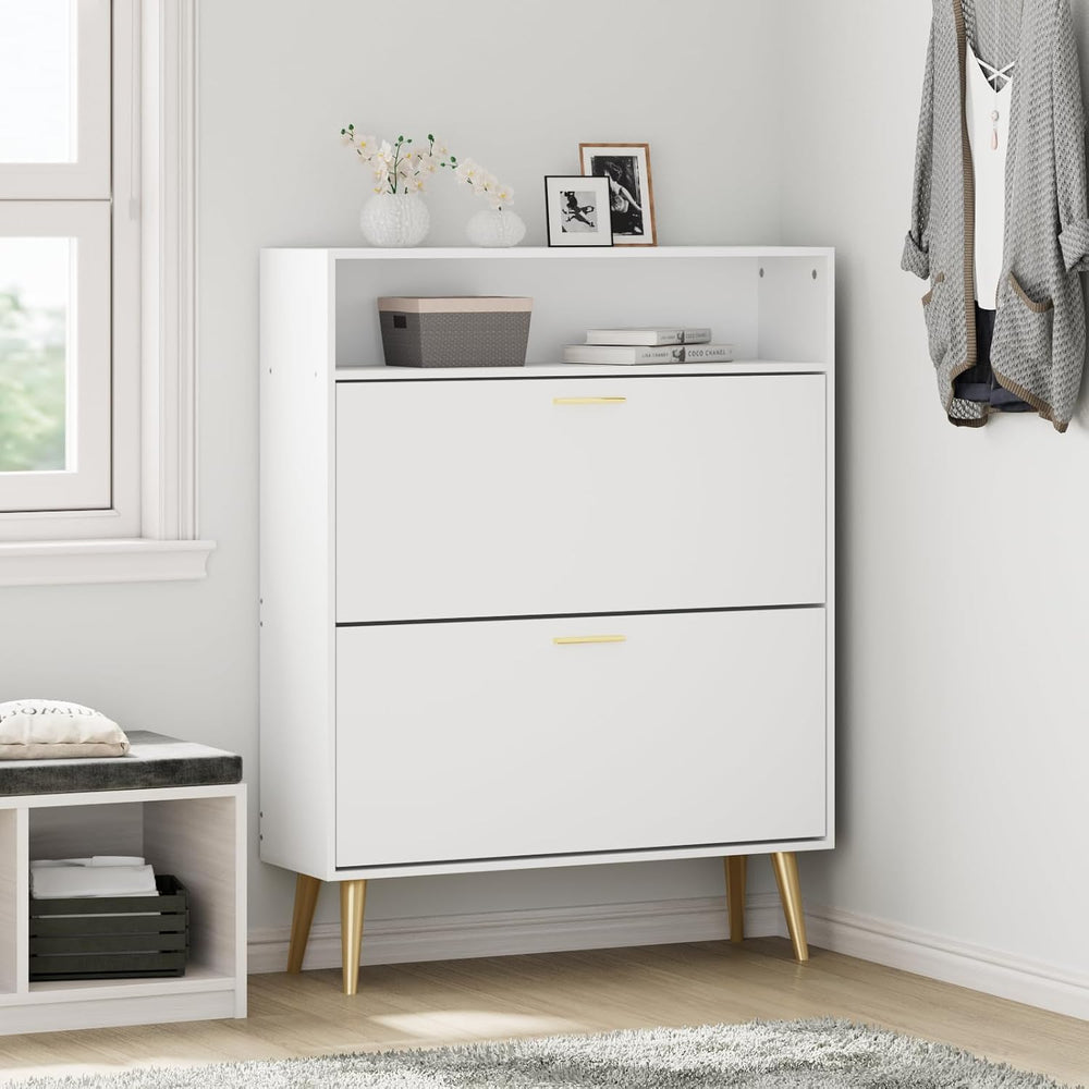 JOZZBY Shoe Storage Cabinet with 2 Flip Drawers and Open Shelves, White, 2PCS...