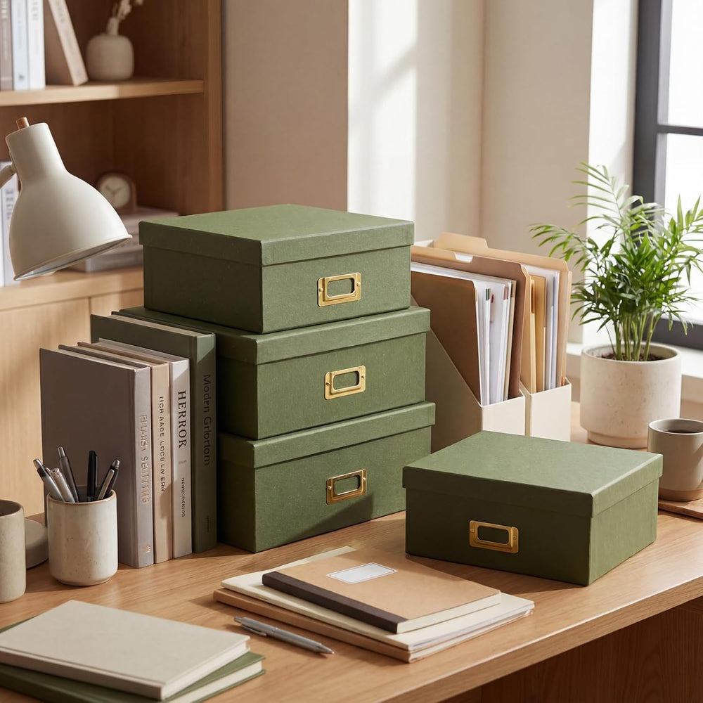 Eaasty Set of 4 Decorative Storage Boxes with Lids, Kraft Paper Boxes with Go...