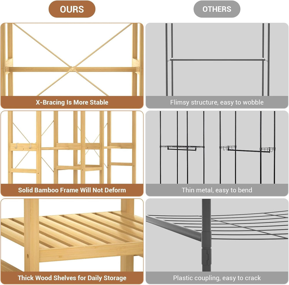 Homykic Bamboo Clothing Rack with 7 Shelves, 5 Hang Rods, 70” Wide, Natural