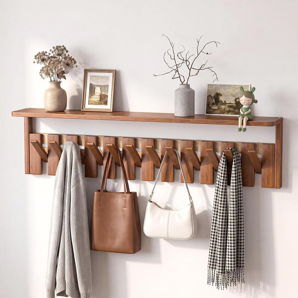 Wall Mounted Coat Rack with Shelf, 12 Flip-Down Hooks, Walnut