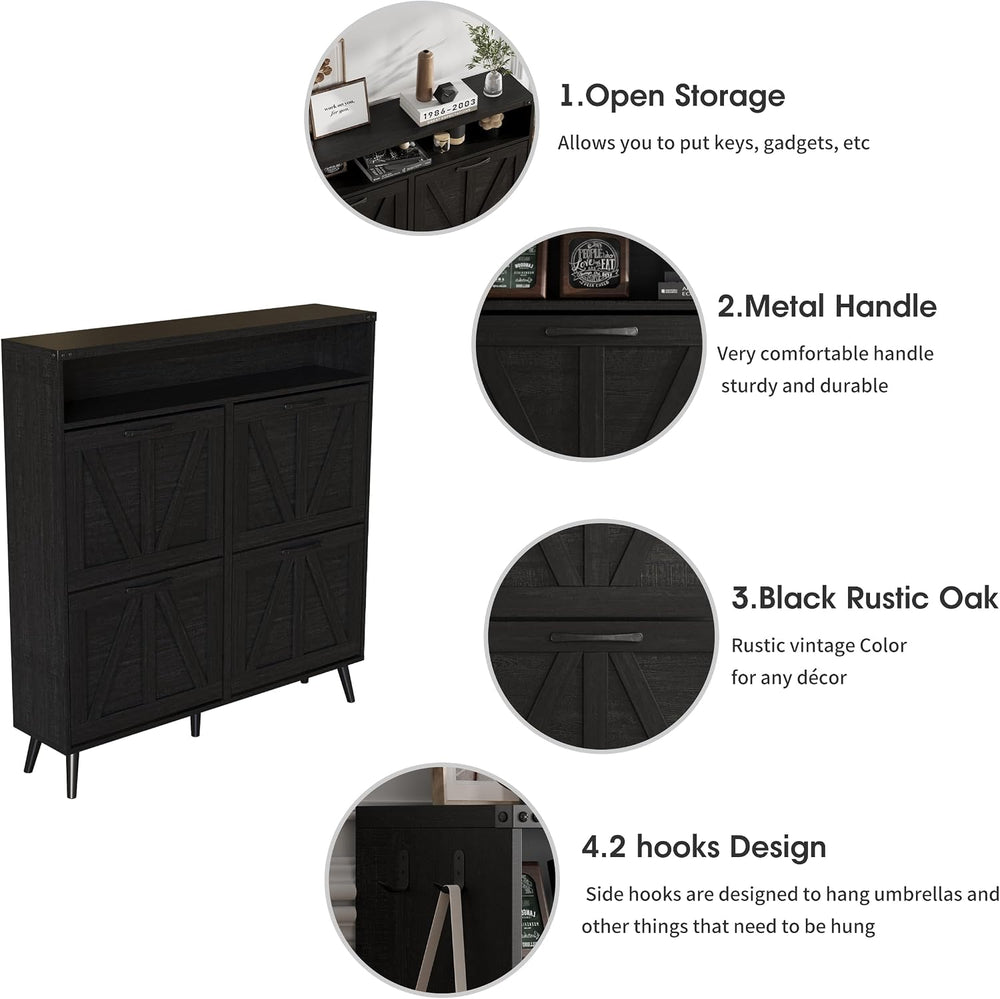 Halitaa Shoe Cabinet with 4 Flip Drawers,Farmhouse Shoe Storage Cabinet for E...