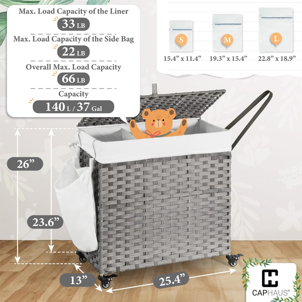 CAPHAUS Handwoven Basket w/Lid for Storage, Synthetic Rattan Laundry Hamper w...