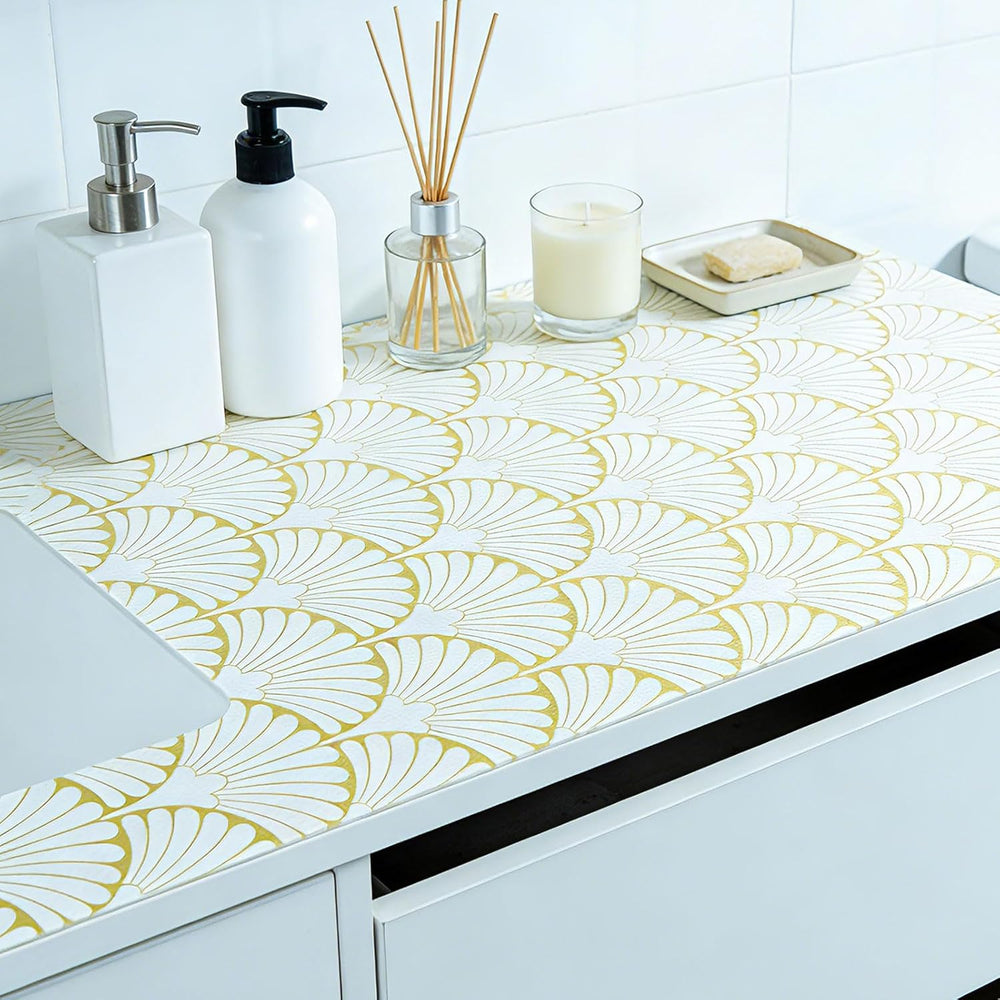 Shelf Liners Non Adhesive Gold Background White Fan-Shaped Pattern