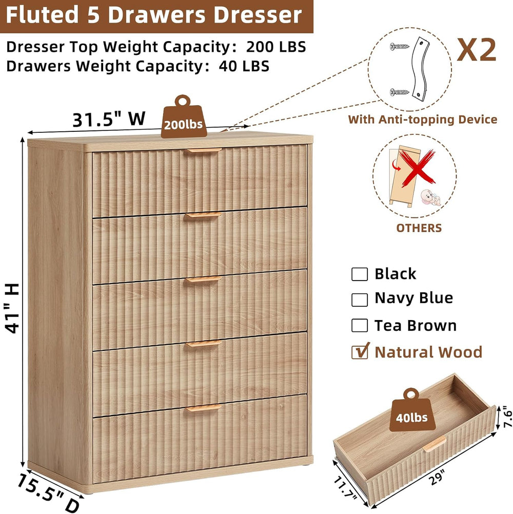 LEYAOYAO Fluted 5 Drawers Dresser for Bedroom, 41" Tall Modern Chest of ...