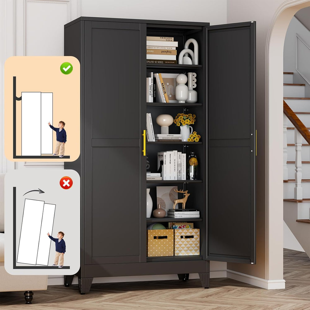 RISRERN Black Metal Storage Cabinet, 79" Kitchen Pantry Cabinets for Office