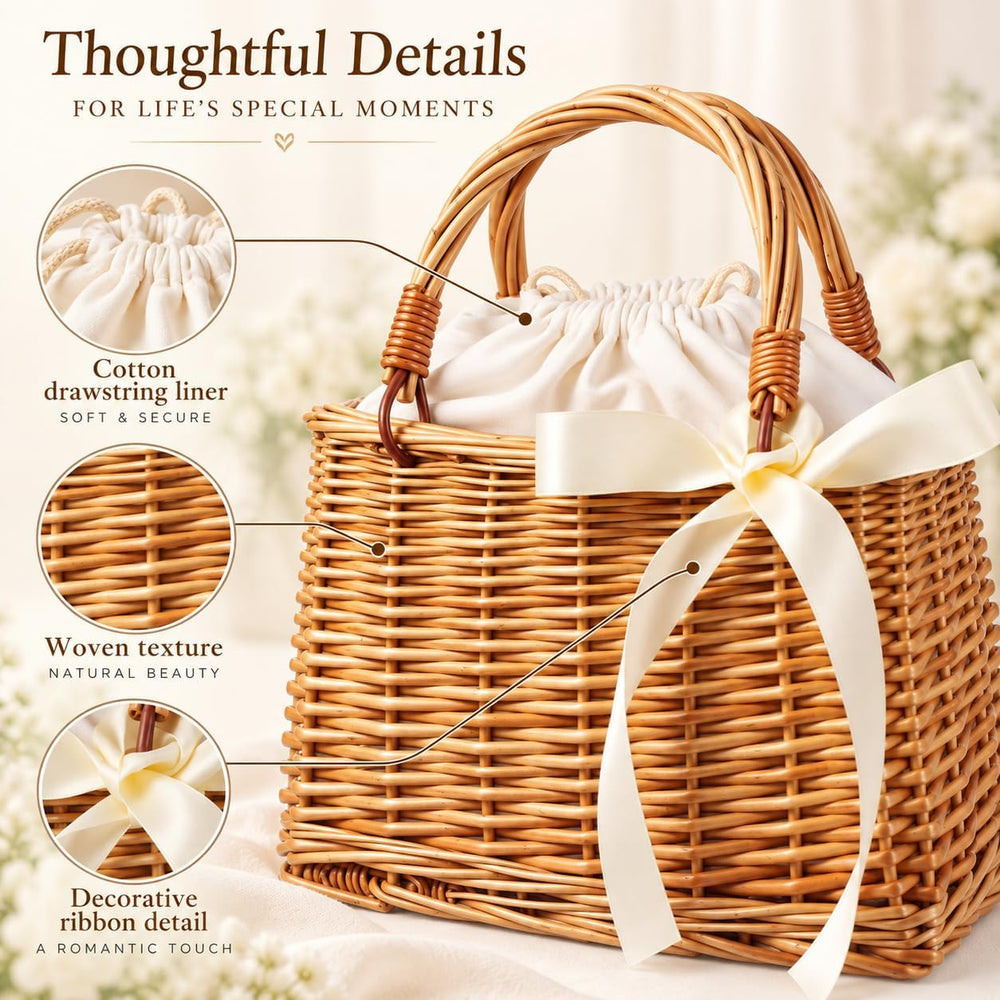 Cabilock Flower Girl Basket, Woven Rattan Wedding Petal Basket with Bow