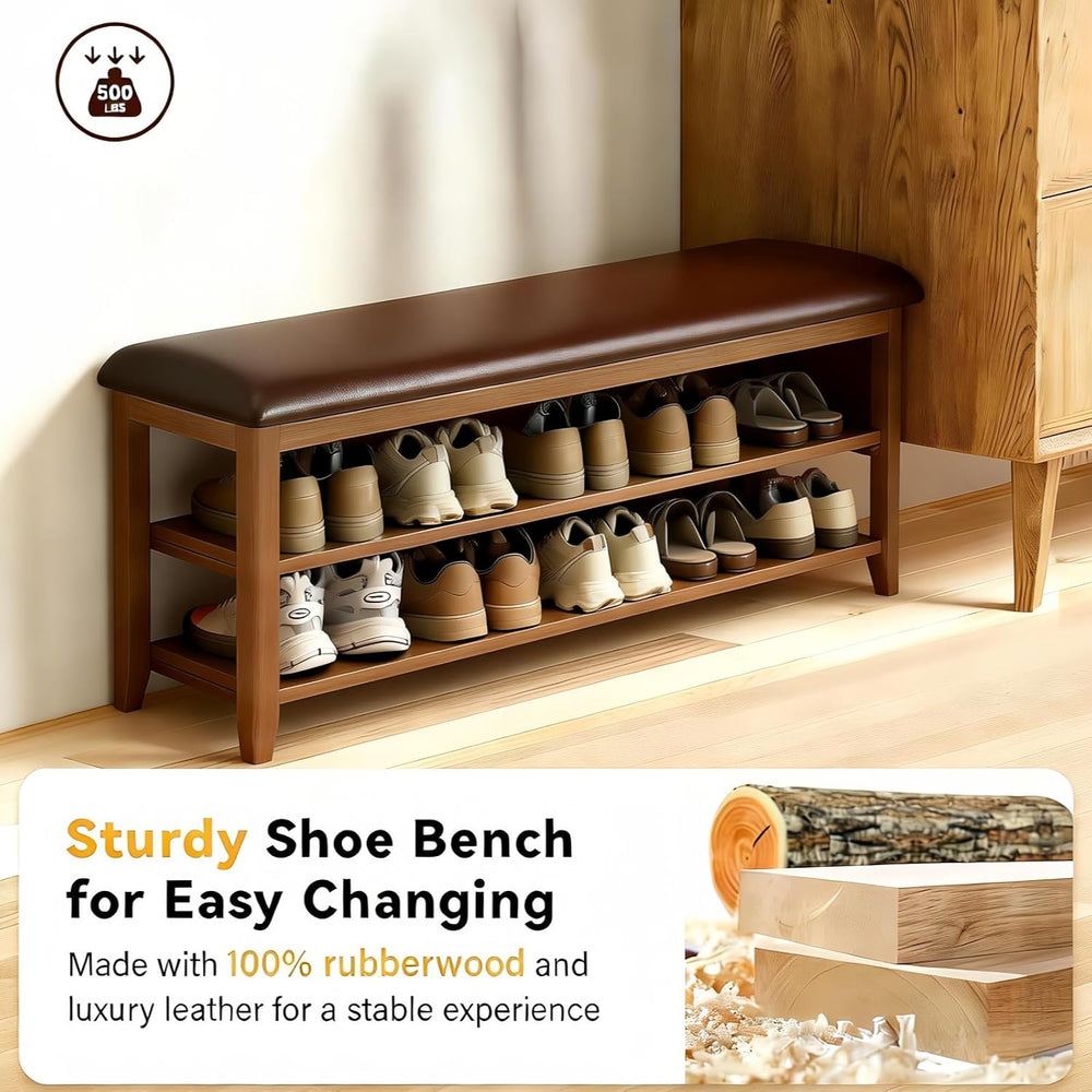 Wooden Shoe Storage Bench with Leather Cushion, Dark Brown, 39.4"