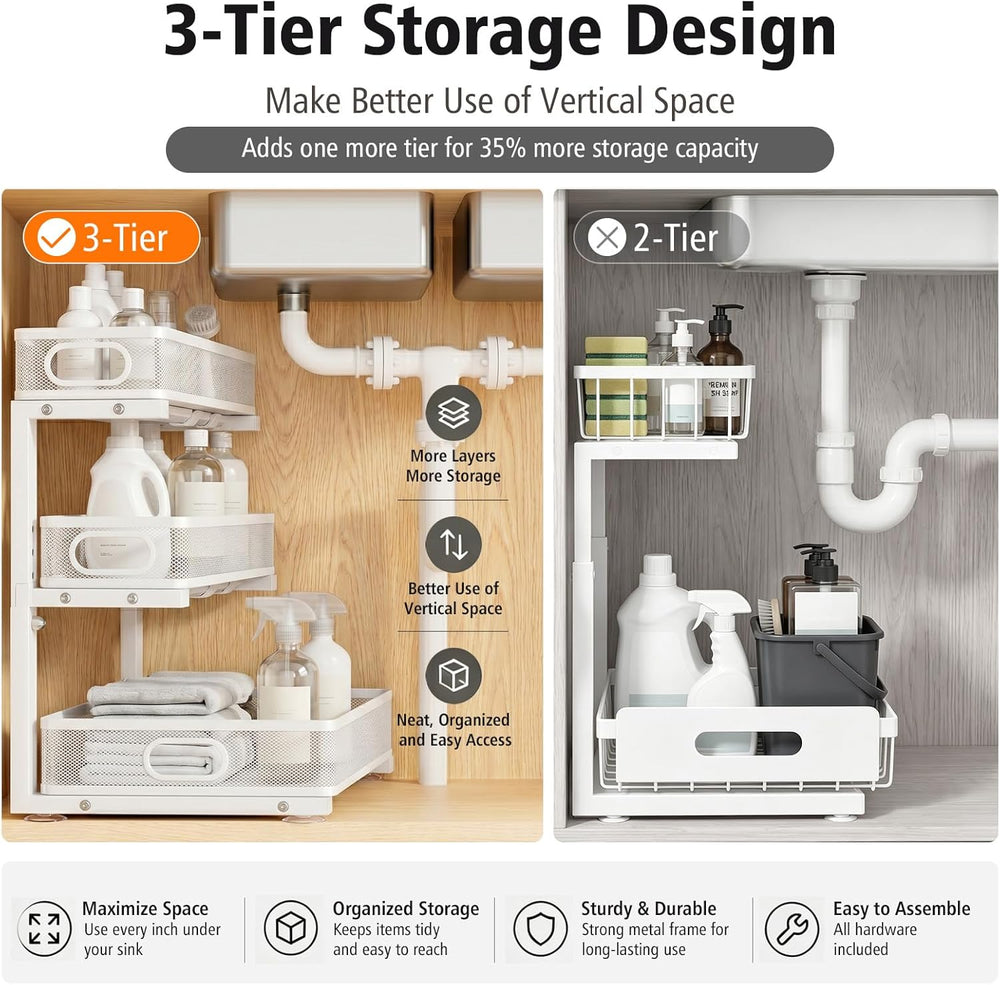 Under Sink Organizer, 3 Tier Pull Out Cabinet Organizer with 5 Adjustable Hei...