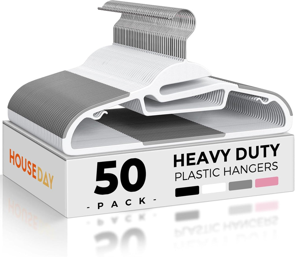 HOUSE DAY Slim Plastic Hangers with Non Slip Rubber Pads, 50 Pack, White