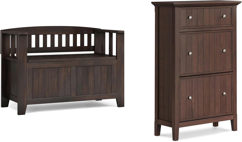 SIMPLIHOME Acadian Storage Bench and Shoe Cabinet Set in Brunette Brown