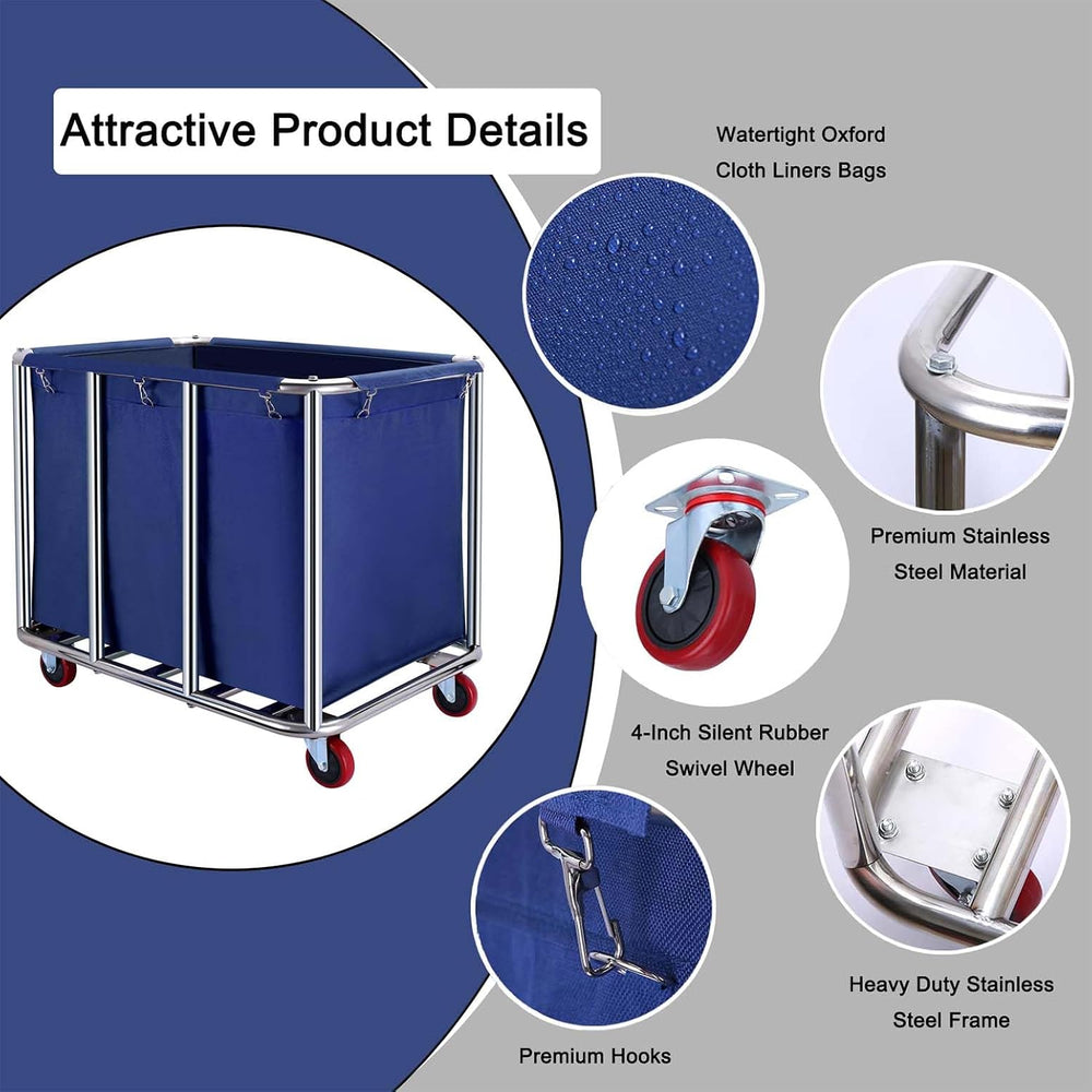 Commercial Laundry Cart with Wheels, 470L Industrial Rolling Laundry Basket, ...