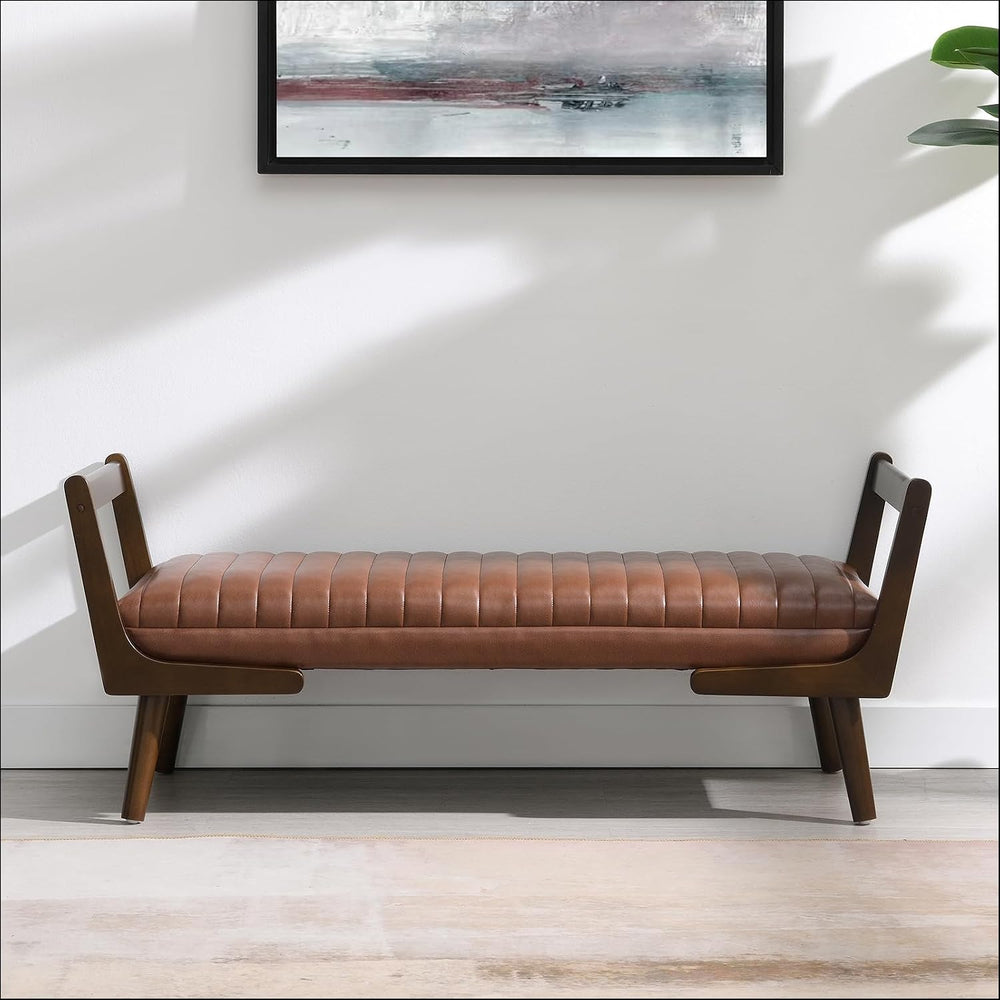 52" Upholstered Bench, Brown Faux Leather, Walnut Legs