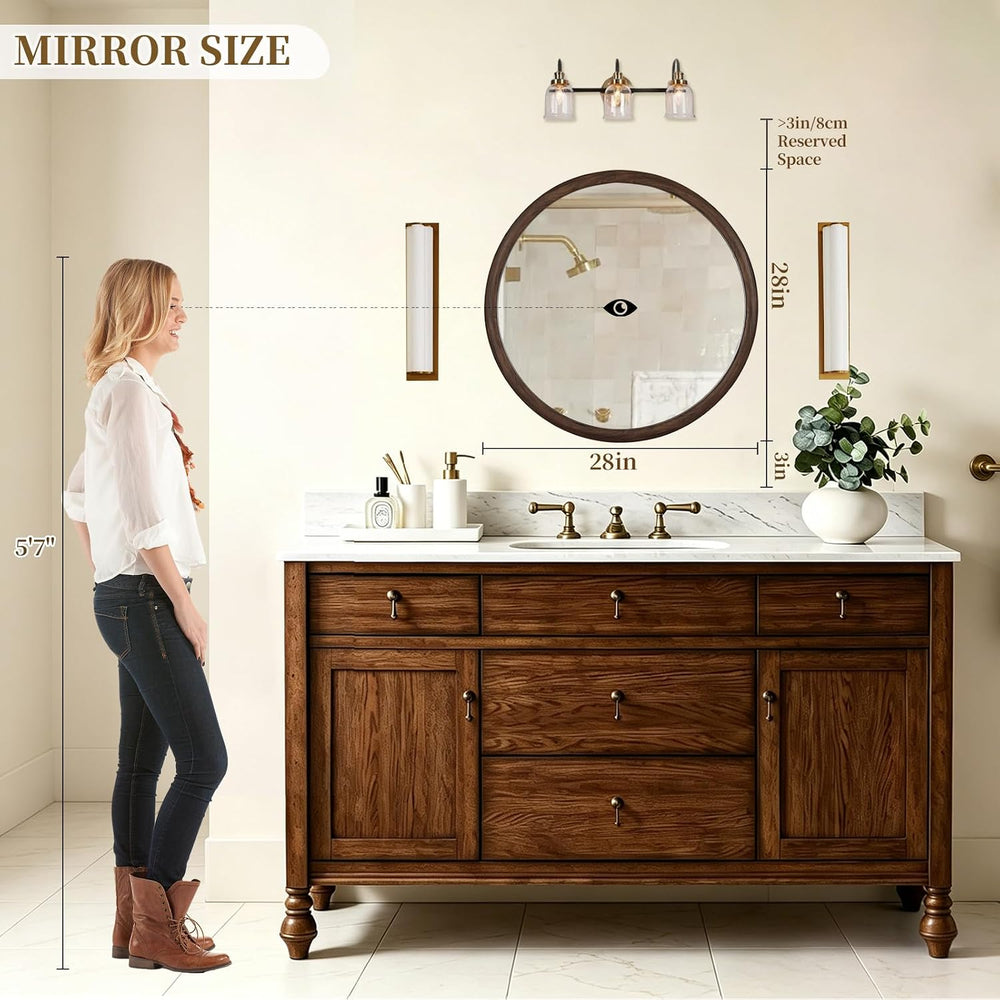 HOMECOOKIN 28 Inch Round Mirror, Farmhouse Wood Grain Framed Wall Mirror, Cir...