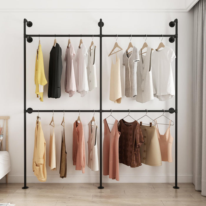 ORSENIGO Industrial Pipe Clothing Rack, Heavy Duty Metal Clothes Rack with Double Rods for Hanging Clothes, Wall Mount Space-Saving Garment Display Rack (Double, Black)