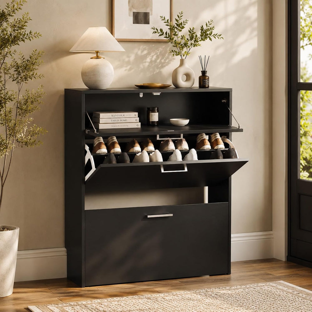 VINGLI Black Shoe Cabinet for Entryway, Modern Slim Shoe Rack Storage with 3 ...