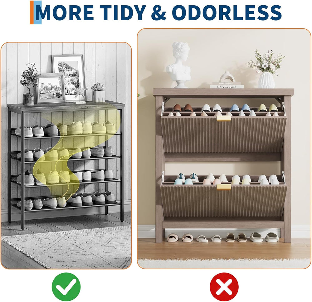 Fluted Shoe Cabinet with 2 Flip Drawers, Slim Entryway Storage
