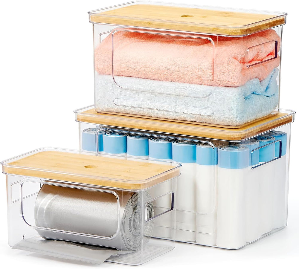 3-Pack Trash Bag Holder,Trash Bag Dispenser with Bamboo Lid, Stackable Acryli...