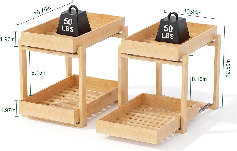 Bamboo Under Sink Organizer, 2 Pack Pull Out Cabinet Organizer