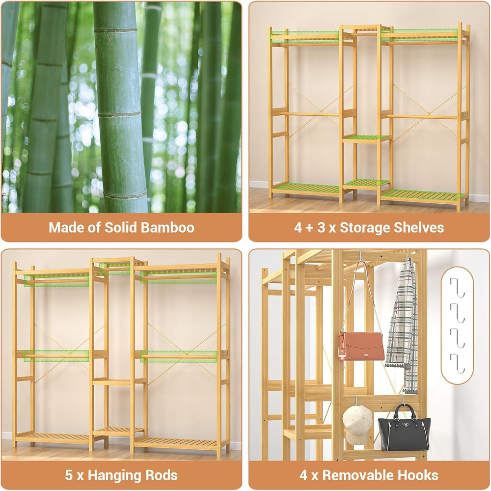 Homykic Bamboo Clothing Rack with 7 Shelves, 5 Hang Rods, 70” Wide, Natural