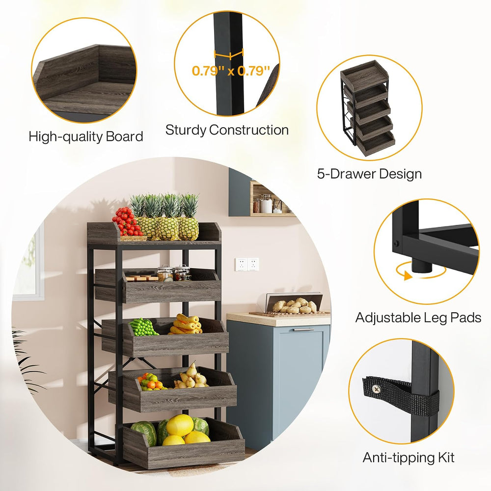 Tribesigns Wood Fruit and Vegetable Storage Rack, 5-Tier Pull-Out Snack Stand...