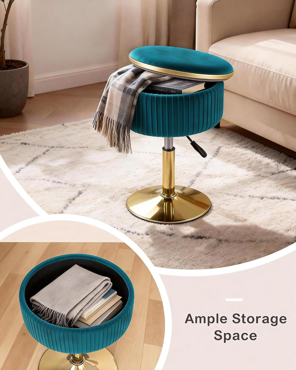 LITZFUR Adjustable Vanity Stool, Swivel Vanity Chair with Storage, Blue