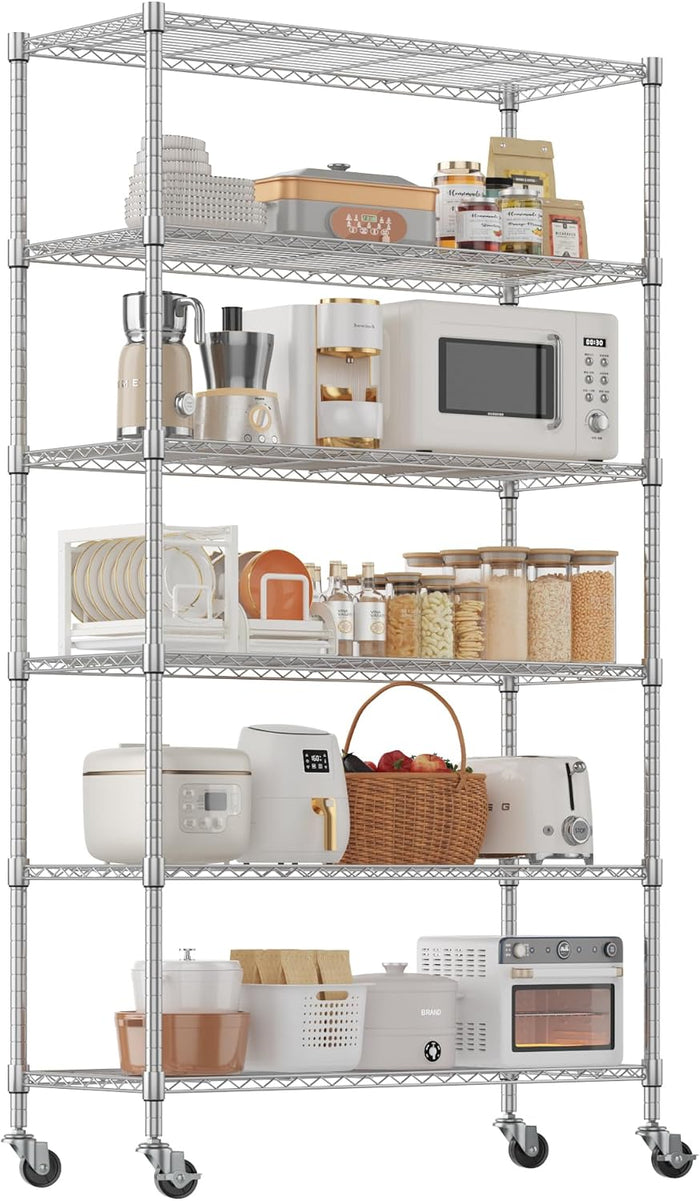 Homdox 6-Tier Wire Shelving Unit with Wheels, Adjustable Metal Storage Shelves, Rolling Storage Rack for Garage, Pantry, Kitchen, Laundry Room, 46 x 18 x 84 Inch, Silver