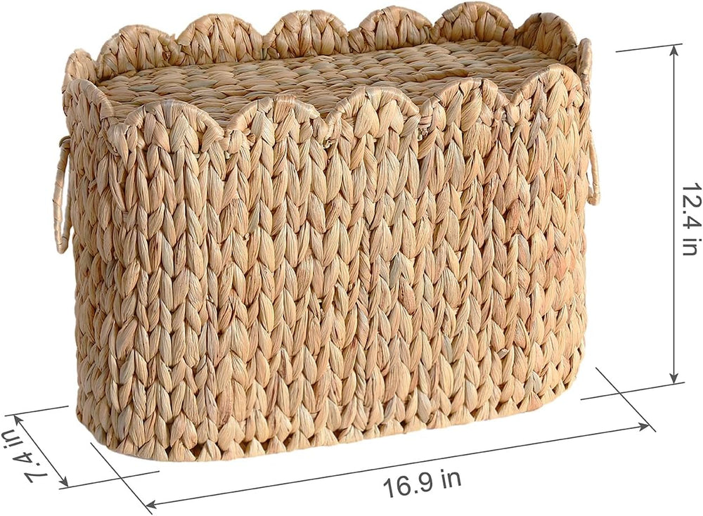 Narrow Wicker Toilet Paper Holder Basket with Lid, Scalloped Wicker Storage B...