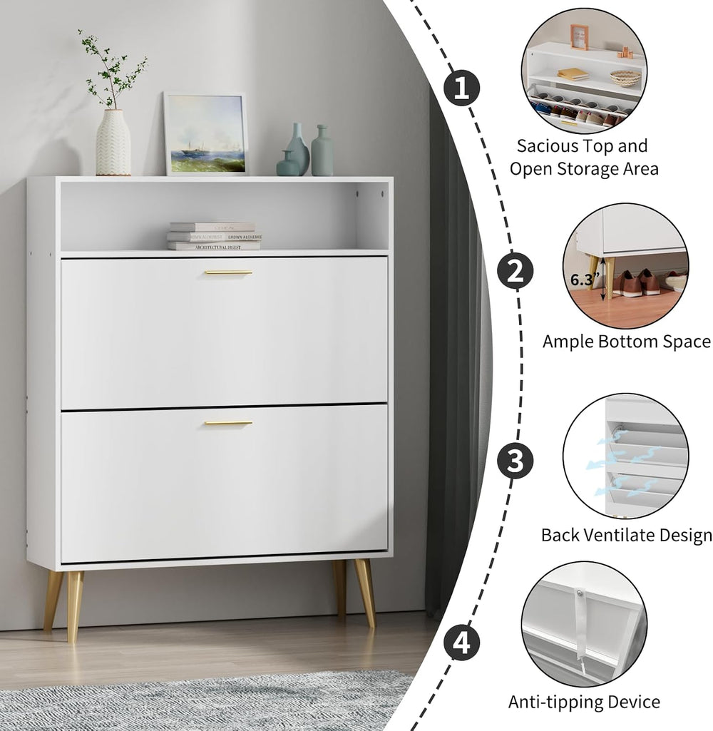 JOZZBY Shoe Storage Cabinet with 2 Flip Drawers and Open Shelves, White, 2PCS...