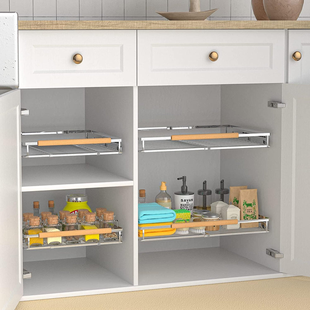 Expandable Sliding Basket, Pull-Out Cabinet Organizer, Heavy Duty Slide Out P...