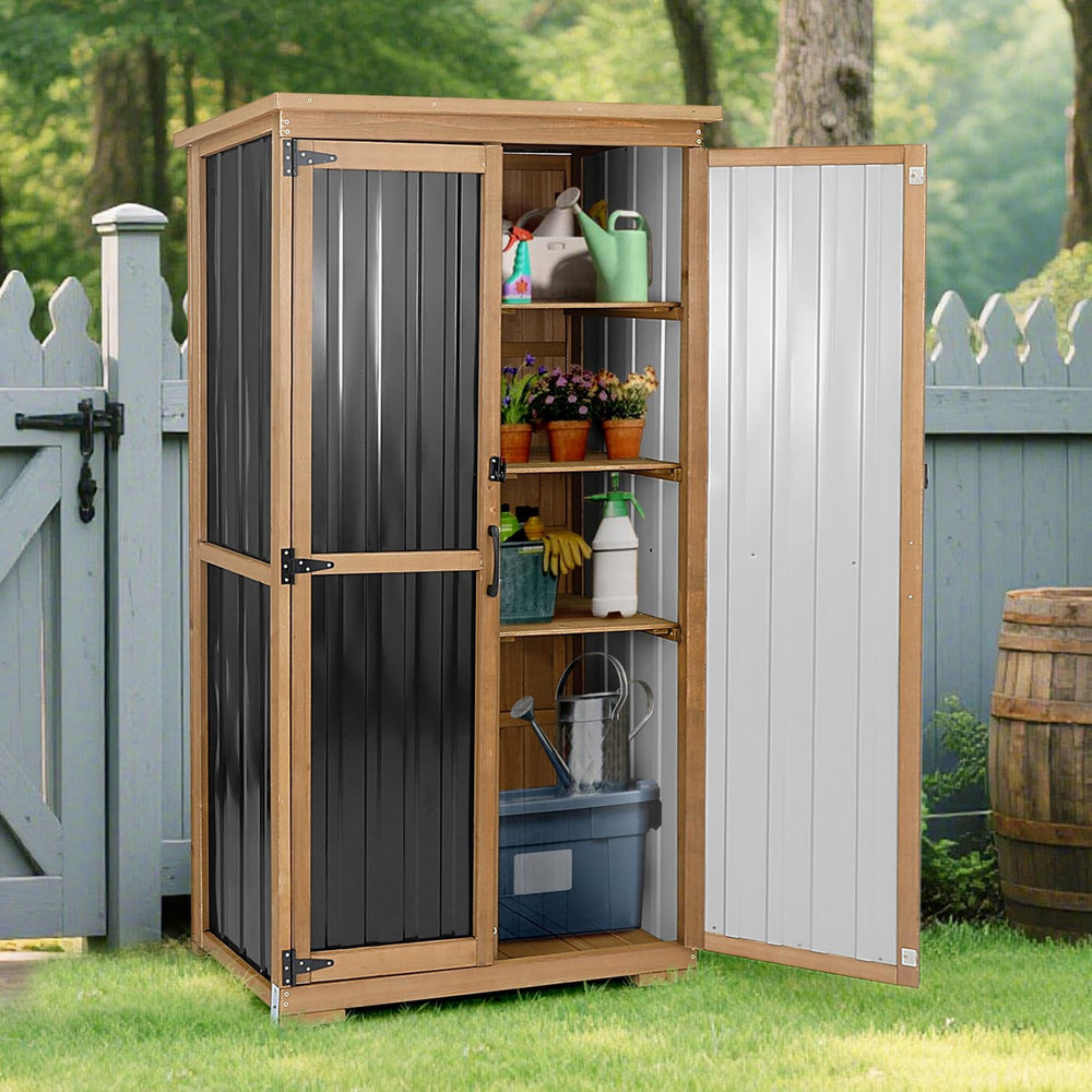 Outdoor Storage Cabinet, Wood & Metal Storage Shed with Weather-Resistant...