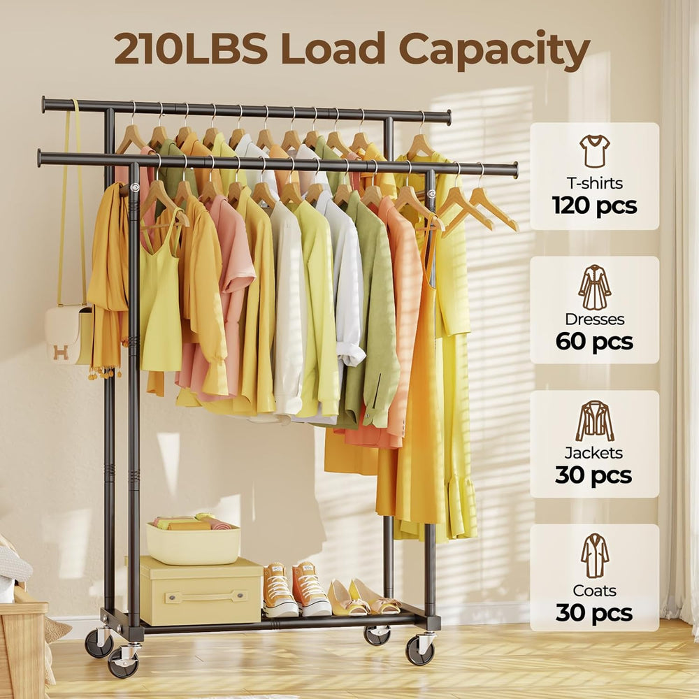 HYSEYY Double Rods Clothes Rack, Rolling Clothing Rack for Hanging Clothes Po...