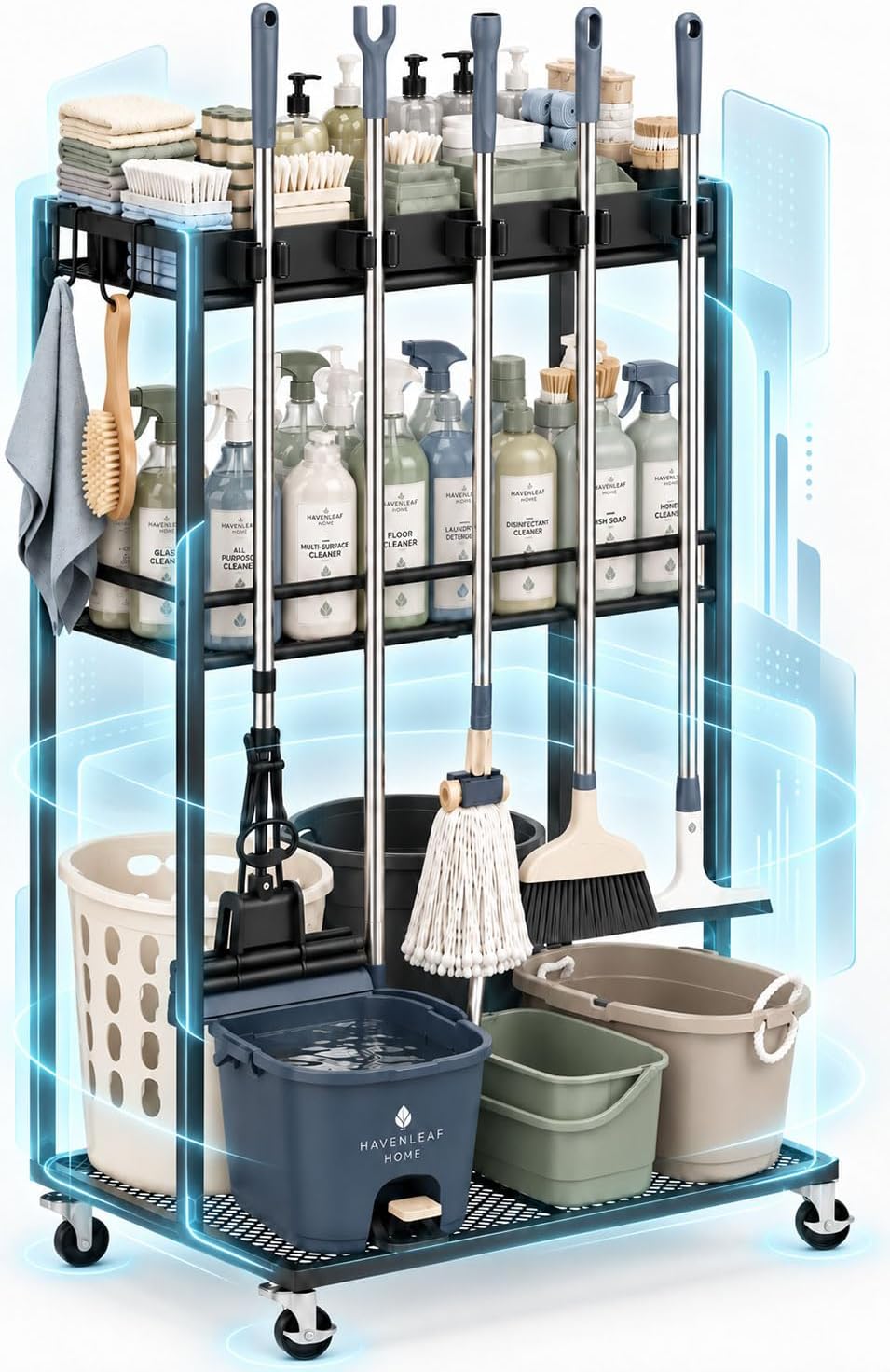 Rolling Cleaning Supply Cart, 3-Shelf Broom Mop Organizer, Locking Wheels
