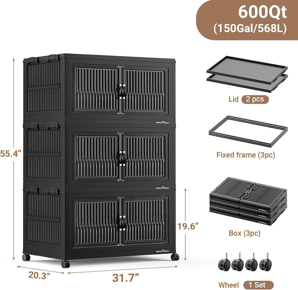 BROVIEW 600Qt Stackable Storage Bins with Lid for Home Dorm, 3Pack Black