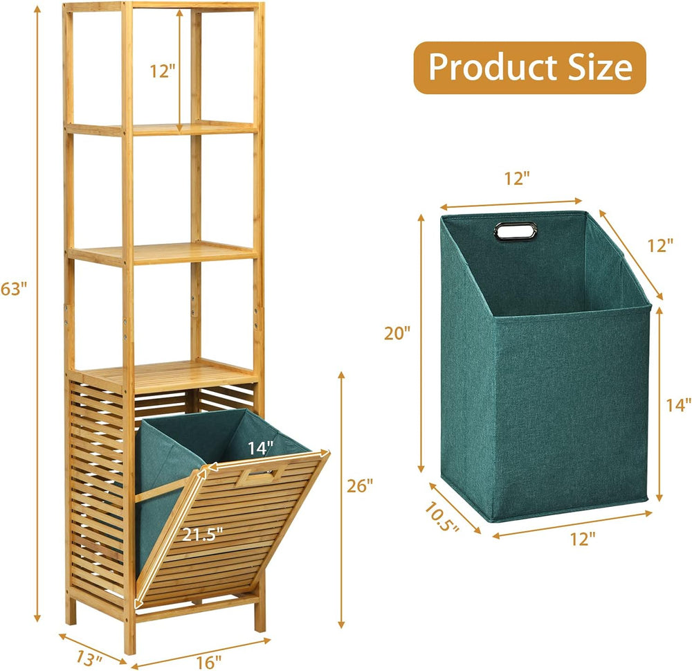 4 Tier Bamboo Shelves with Tilt Out Laundry Hamper, Freestanding Storage Shel...