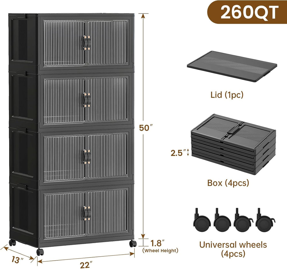 SAILUN 260Qt Stackable Storage Bins,Storage Cabinet with a Lid,4 Pack Black