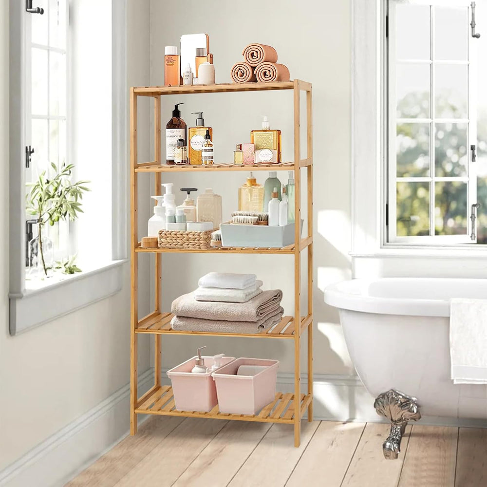 Bamboo Shelf Bathroom 5-Tier Storage Shelves Free Standing Rack Multifunction...