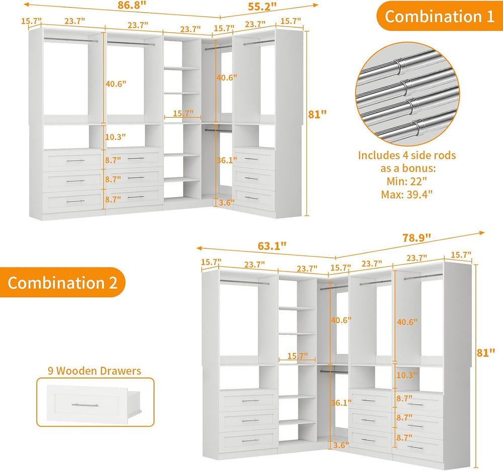 Closet System with 9 Drawers, Corner Closet Organizer Systems with 9 Shelves ...