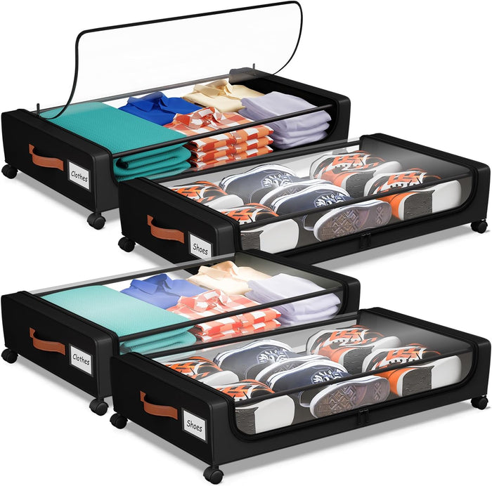 Under Bed Storage with Wheels, UnderBed Storage Containers with Clear Lid and Handles, XXL 60L Under the Bed Storage Bins Drawers for Clothes,Blankets,Shoes,Books (BLACK, 4 PACK)
